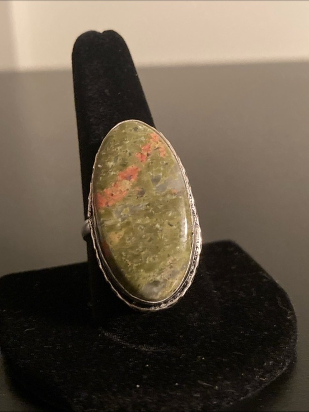 Sterling Silver Green and Olive Jasper Oval Statement Ring size 10